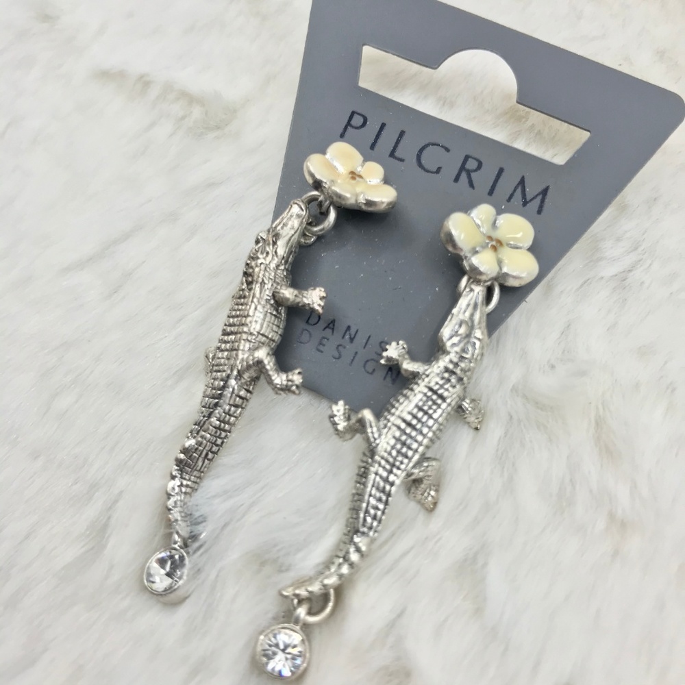 Silvertone White Enamel Crystal Alligator Earrings - Picture 3 of 8